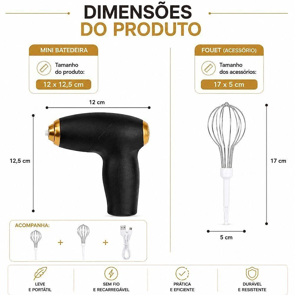 Batedeira Eletrica Portatil Misturador Manual sem Fio ABS e Aco Inoxidavel Recarregavel USB 2 Fouets
