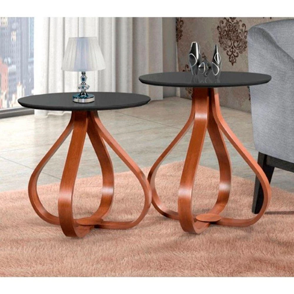 Mesa Lateral Kit Cebola Redondo MDF Laqueado Pé Madeira 50CM Preto Cebola Brindes
