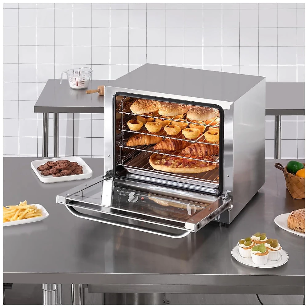 Forno de Bancada Comercial VEVOR, 66 Litros 4 Camadas, Porta de Vidro Temperado, Estantes de Arame, Bandeja de Clip, Luvas, Forno Elétrico Inox