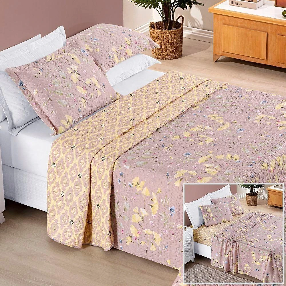 Colcha + Jogo De Cama Bouti Estampado Casal 07 Peças 100% Poliéster - Lavanda