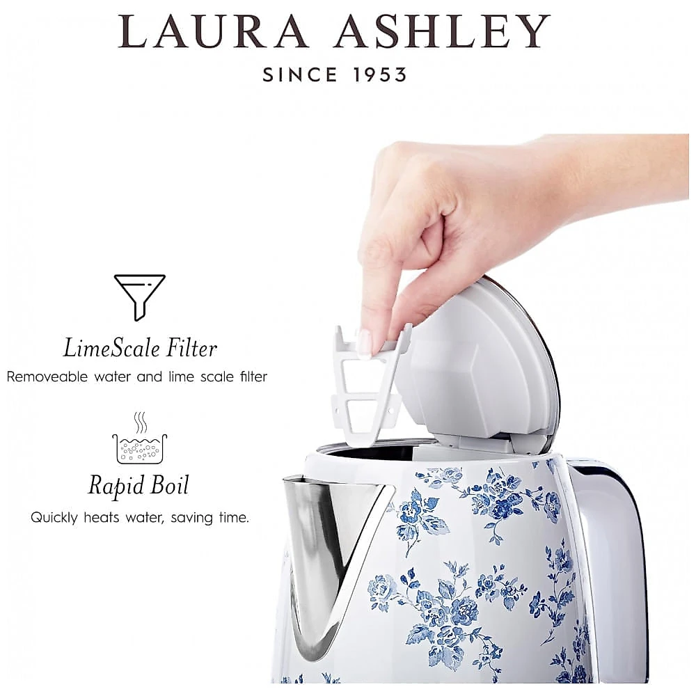 Chaleira Elétrica 1,7L Laura Ashley Rosa China Floral, Aço Inox, Proteção Superaquecimento, Filtro Anticalcário, 1500W, 110V
