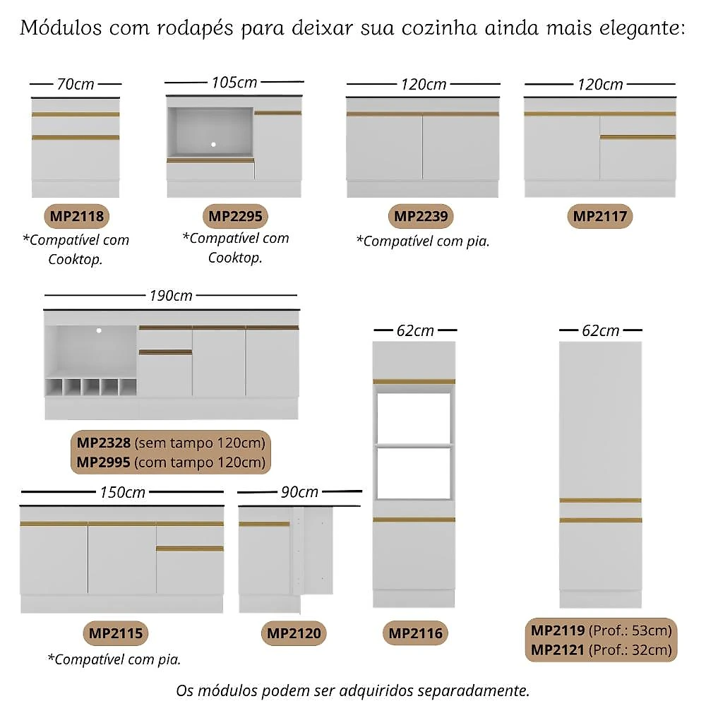 Armário de Cozinha Modulada Completa com Balcão e Rodapé 190cm Veneza Multimóveis MP2454 Cozinha Modulada Completa 190cm Veneza Multimóveis MP2454 - Branco