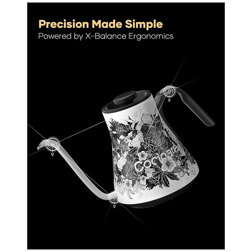 Chaleira elétrica pescoço de ganso Cocinare FLOW M9 0,9 L inox, controle de temperatura, 1200W, 110V, Blossom