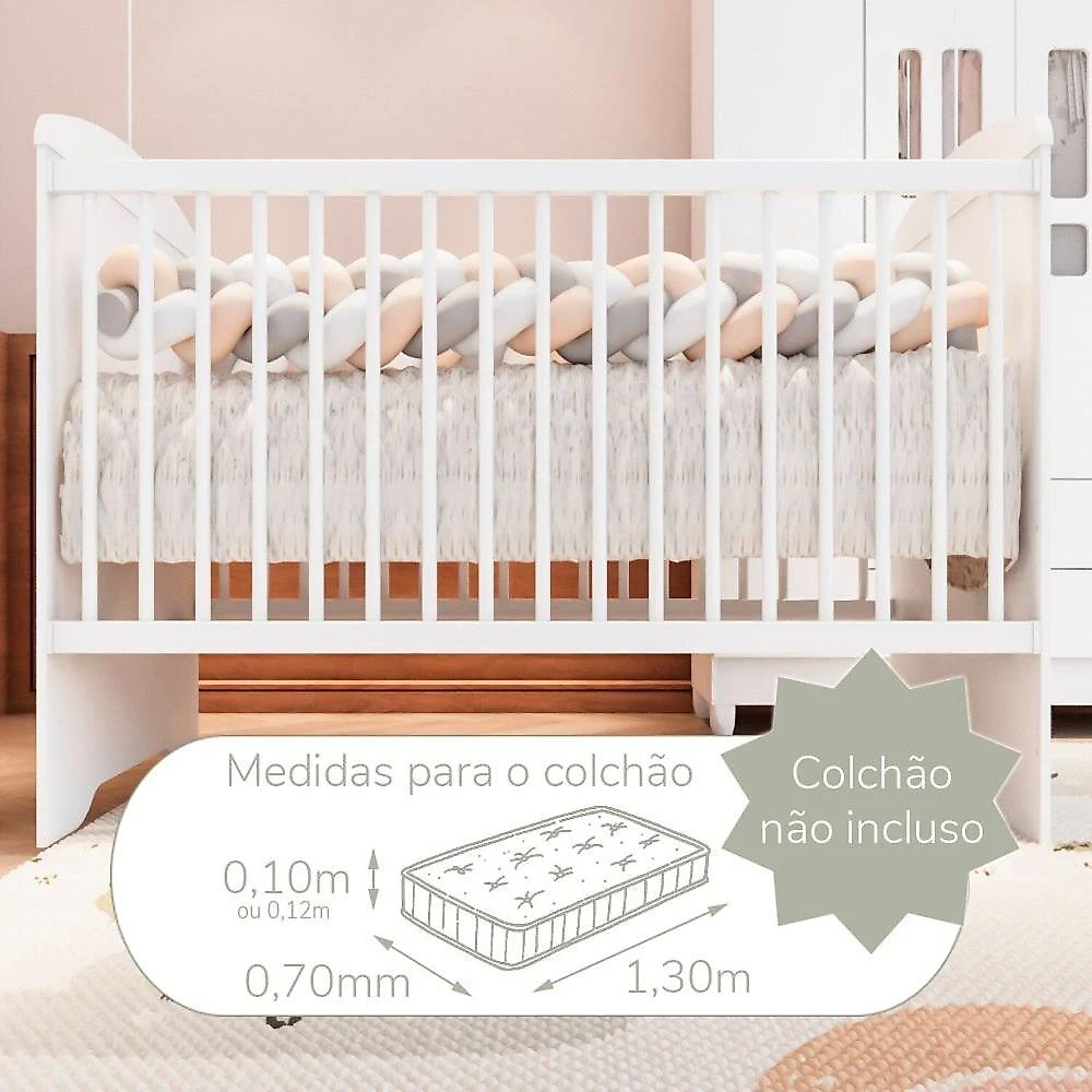 Quarto de Bebe Completo Berço 3 em 1 Eloá e Roupeiro Ariel Branco