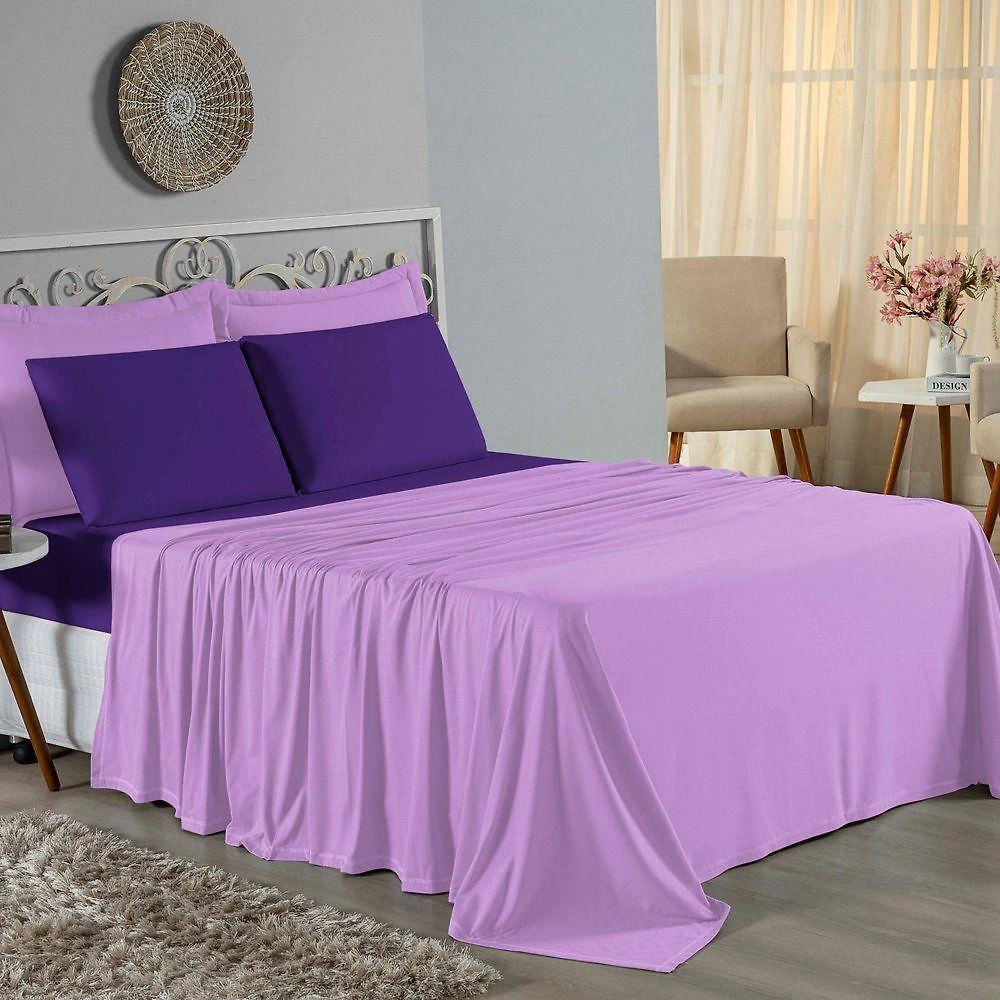 Jogo De Cama Casal Nobre 4 Peças Lençol Com Elástico De 30cm De Altura Malha 100% Algodão - Lilás / Roxo