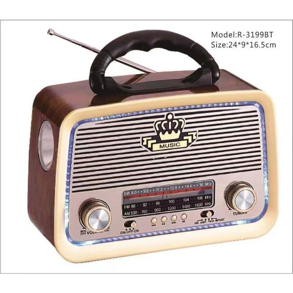 Rádio Retrô Bluetooth OEM AD-3199 com Lanterna USB Microsd Auxiliar Bivolt Madeira Escura