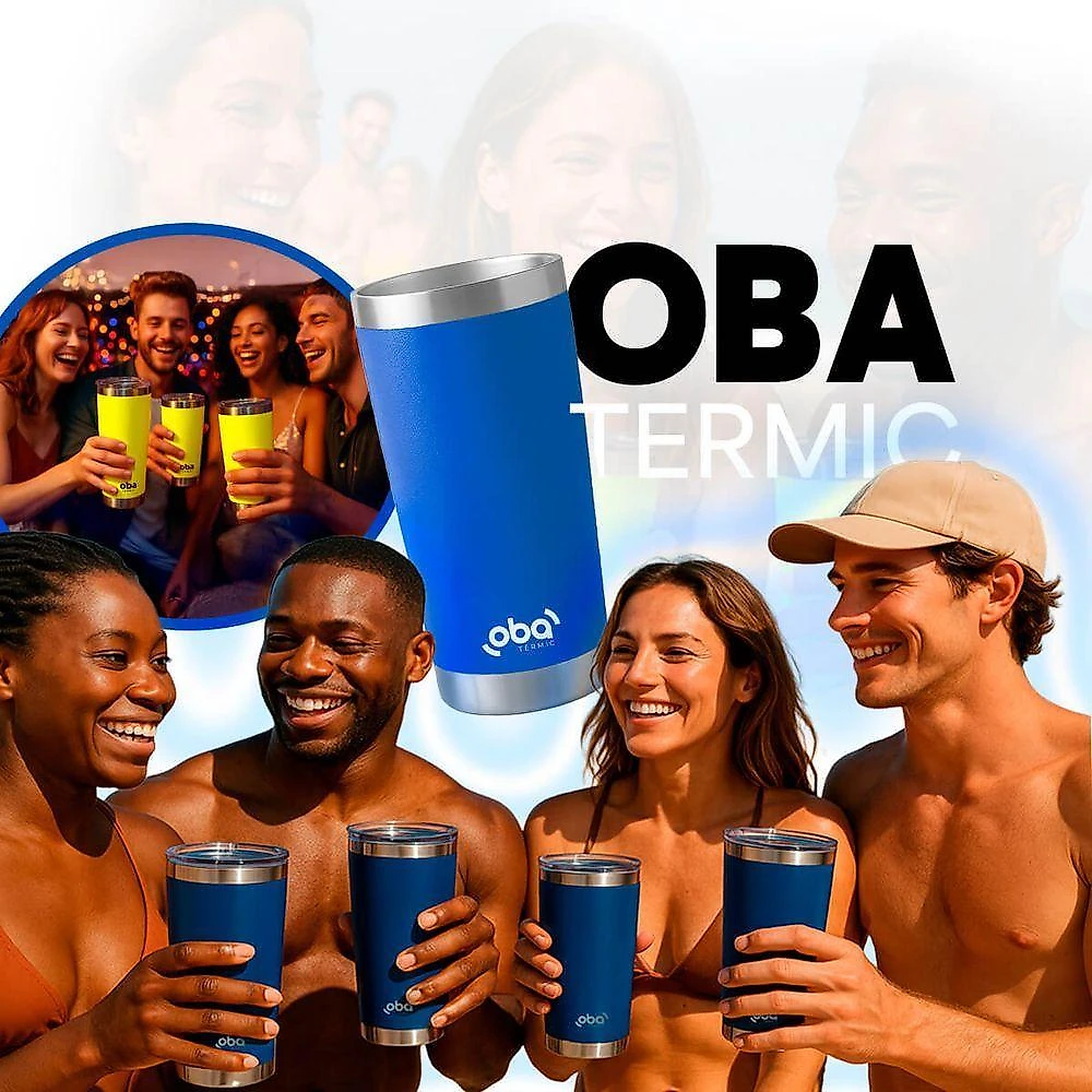 Copo Térmico Brasil Azul Parede Dupla Aço Inoxidável Isolamento a Vácuo Azul Oba Mix 591ML