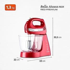 Batedeira Mondial Premium Vermelha Bella Massa Inox B-29 NP com 4 Velocidades e 500W 110V