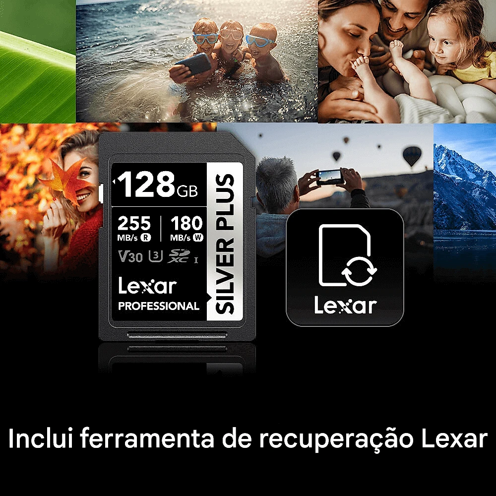 Cartão SDXC 128GB Lexar Silver Plus Professional 255MB/s 4K UHS-I V30 U3