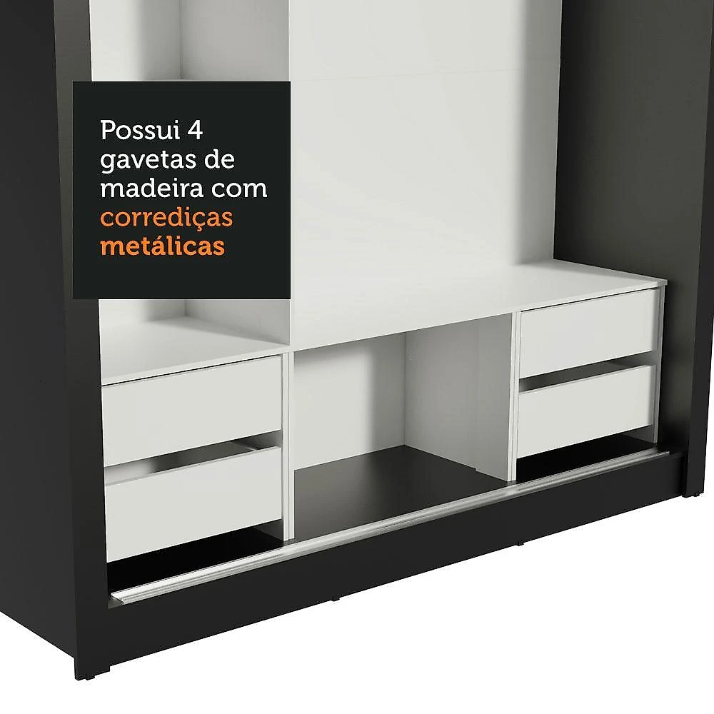 Guarda roupa casal madesa lyon plus 3 portas de correr 4 gavetas preto/rustic