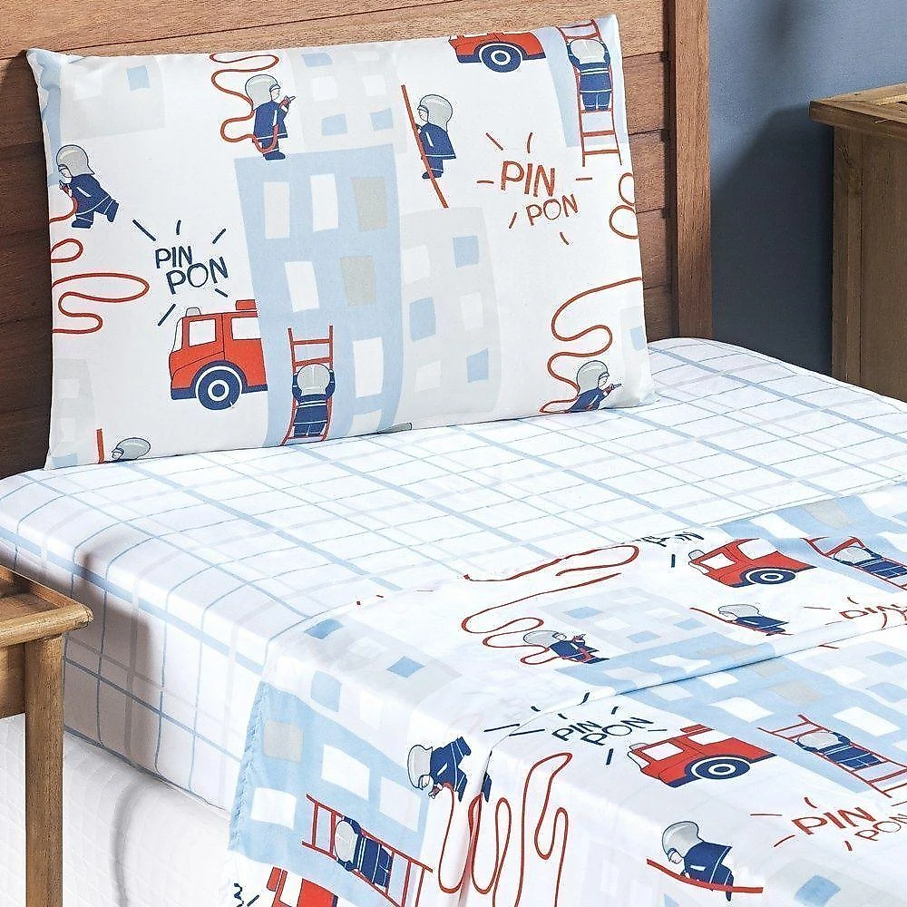 Kit Colcha + Jogo De Cama Bouti Kids Solteiro Infantil 5 Peças 100% Poliéster - Bombeiro