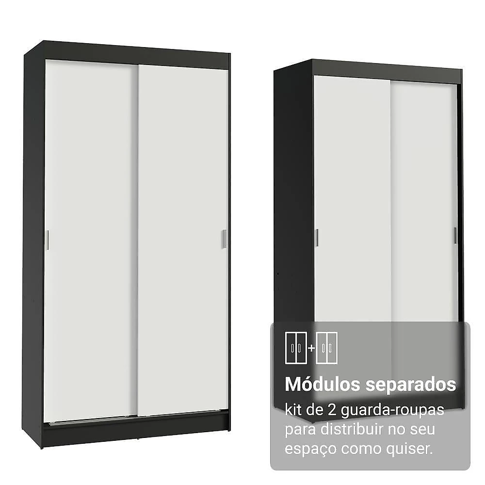 Conjunto 2 Guarda Roupas Casal Tokio 4 Portas Correr MDP Preto e Branco Madesa