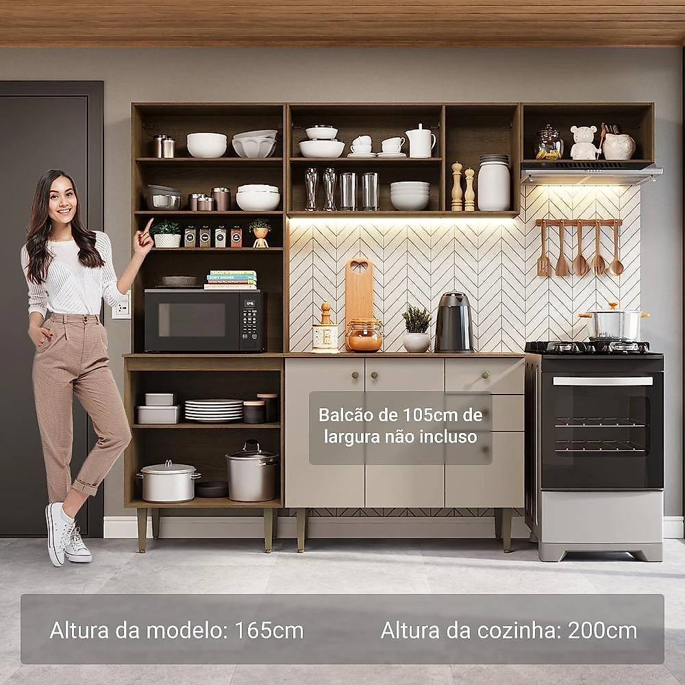 Armário De Cozinha Compacta 235cm Rustic/crema Gourmet Madesa Xc03 Rustic/crema