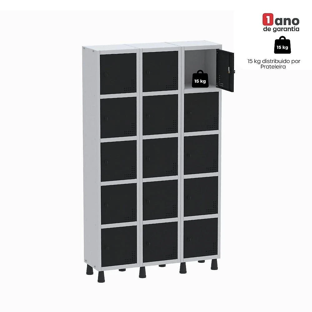 Armário Locker Guarda-volume Aço Light 15 Portas 103,5x179,5cm Cinza/Preto