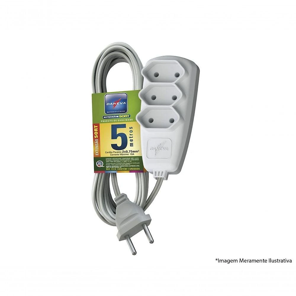 Extensão Elétrica 1514 com Cordão Paralelo 2X0,75MM e Comprimento Total de 5M Daneva