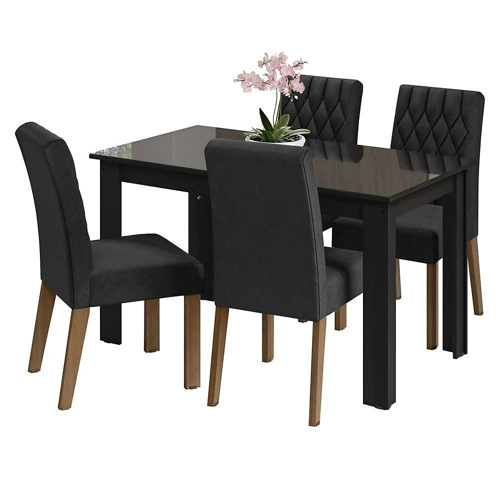 Conjunto sala de jantar mesa tampo de vidro 4 cadeiras preto/oxford celina madesa