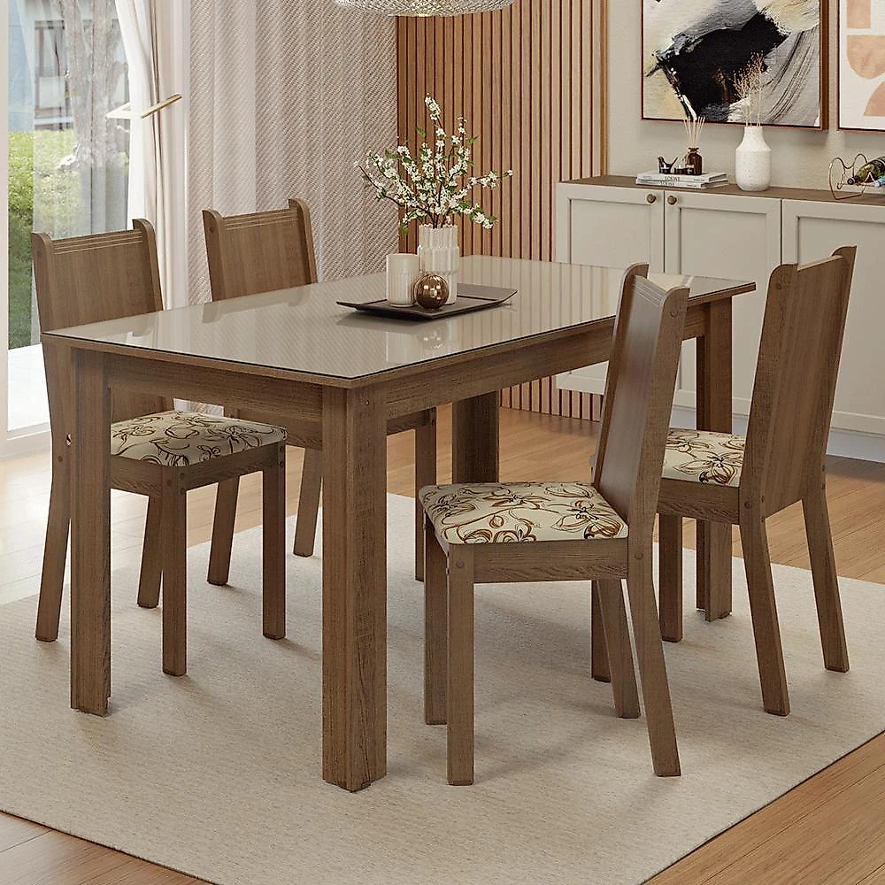 Conjunto sala de jantar avelã mesa tampo de vidro 4 cadeiras rustic/crema/lírio bege madesa