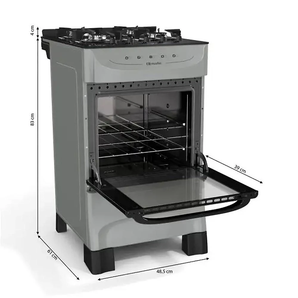 Fogão 4 Bocas Mueller MFV4BB Acendimento Automático, Titânio   Fogão 4 Bocas Mueller MFV4BB com Acendimento Automático e Mesa de Vidro, Titânio