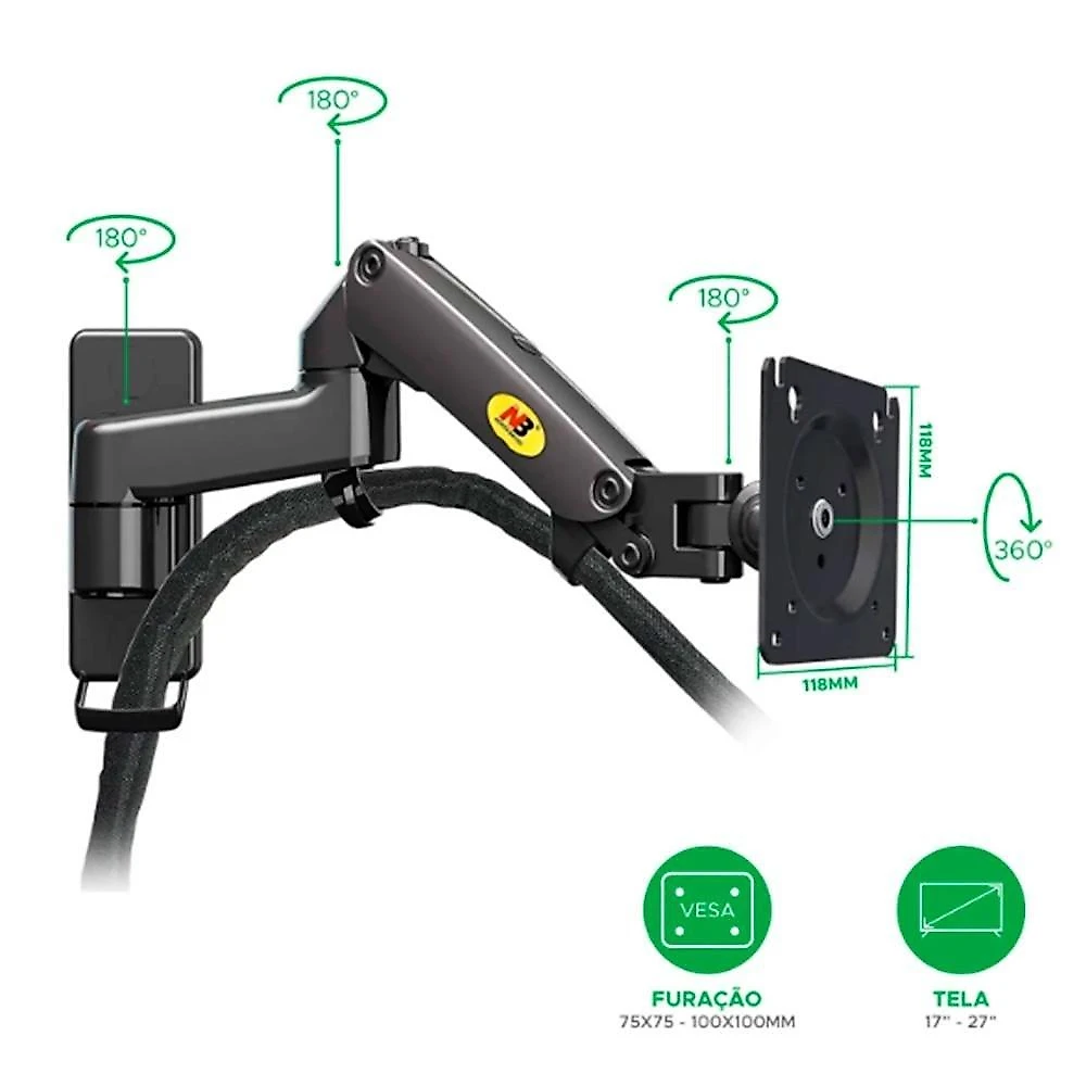 Suporte de Parede Articulado para Monitor de 17" a 35" North Bayou, Ajustes com Pistão a Gás, Preto - F150 NB