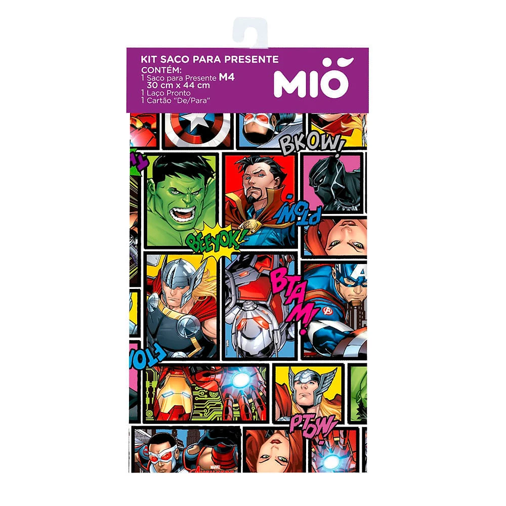 Kit Saco para Presente Mió Marvel  Super Heróis Sortidos Médio M4 com 1 Laço Pronto e 1 Cartão