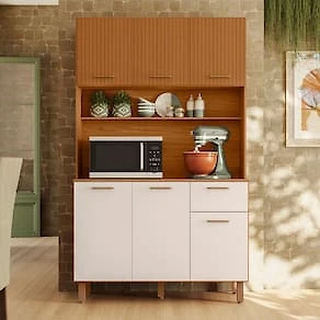 Miniatura Cozinha Compacta Poliman New Livia 6 Portas 1 Gaveta Freijó Ripado e Off White