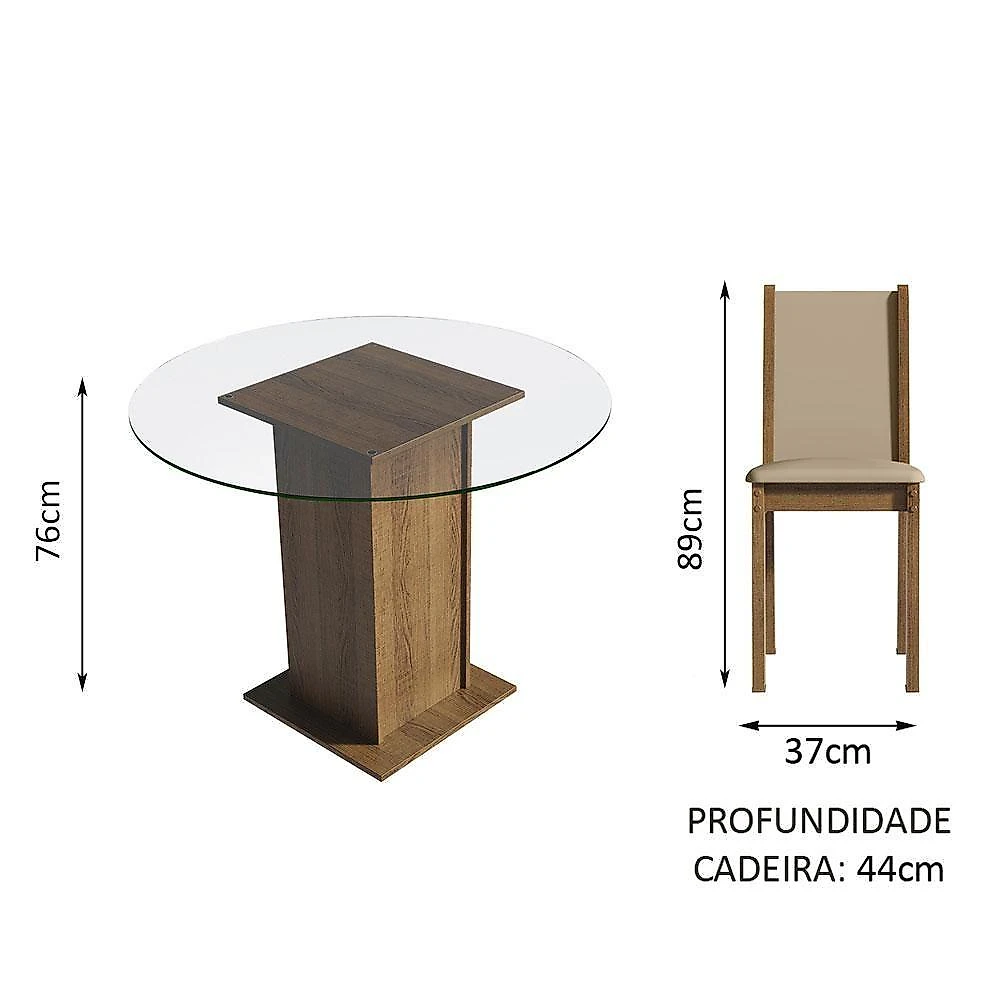 Conj. Mesa Tampo De Vidro 4 Cadeiras Rustic/Crema/bege