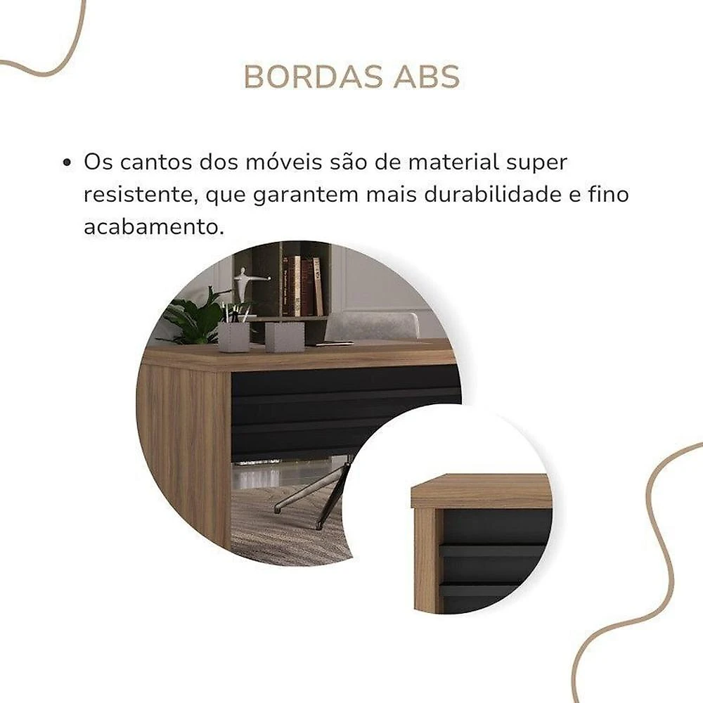 Kit Completo Escritório Mesa Tamburato 160cm Balcão com Gavetas e Armário com Nicho Nogal / Preto