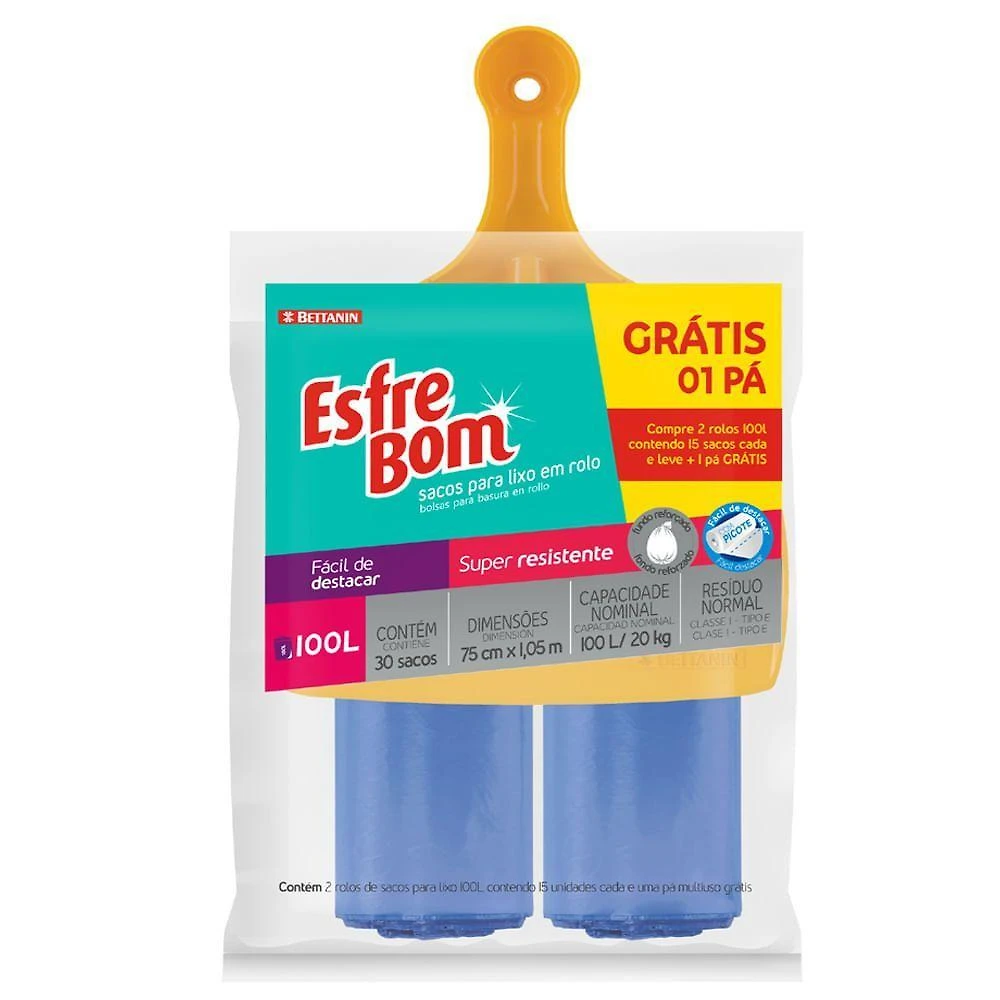 Kit 1 Pá E 2 Rolos De Sacos Para Lixo 100l Esfrebom