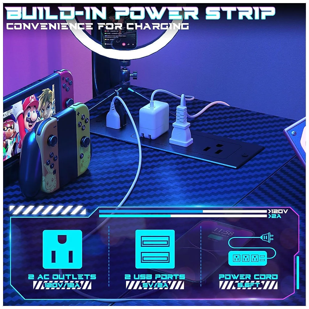 Mesa Gamer de Fibra de Carbono em Formato de L, 43" 109 cm com Luz LED, Suporte para Monitor, Tomadas, Ganchos para Fone de Ouvido e Mesa de Canto 110v