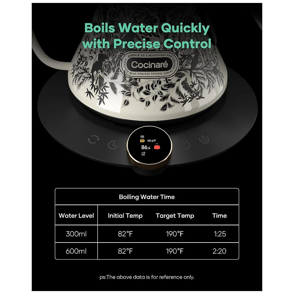 Chaleira elétrica Cocinare FLOW M6 Pro Jungle 0,6L bico pescoço de ganso controle de temperatura 1500W 110V