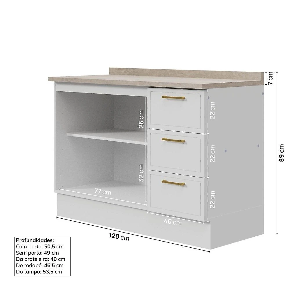 Cozinha Modulada 4 Pçs com Tampo com Cristaleira Marselha Cabecasa Madeiraoriginals Branco/Calcare