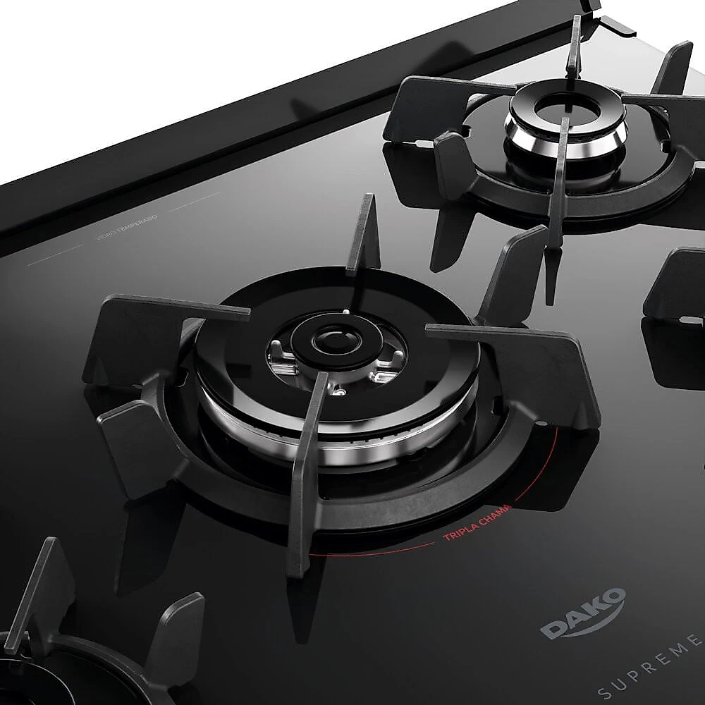 Fogão a Gás 5 Bocas Dako Novo Supreme Glass Mesa de Vidro Tripla Chama Preto - Bivolt