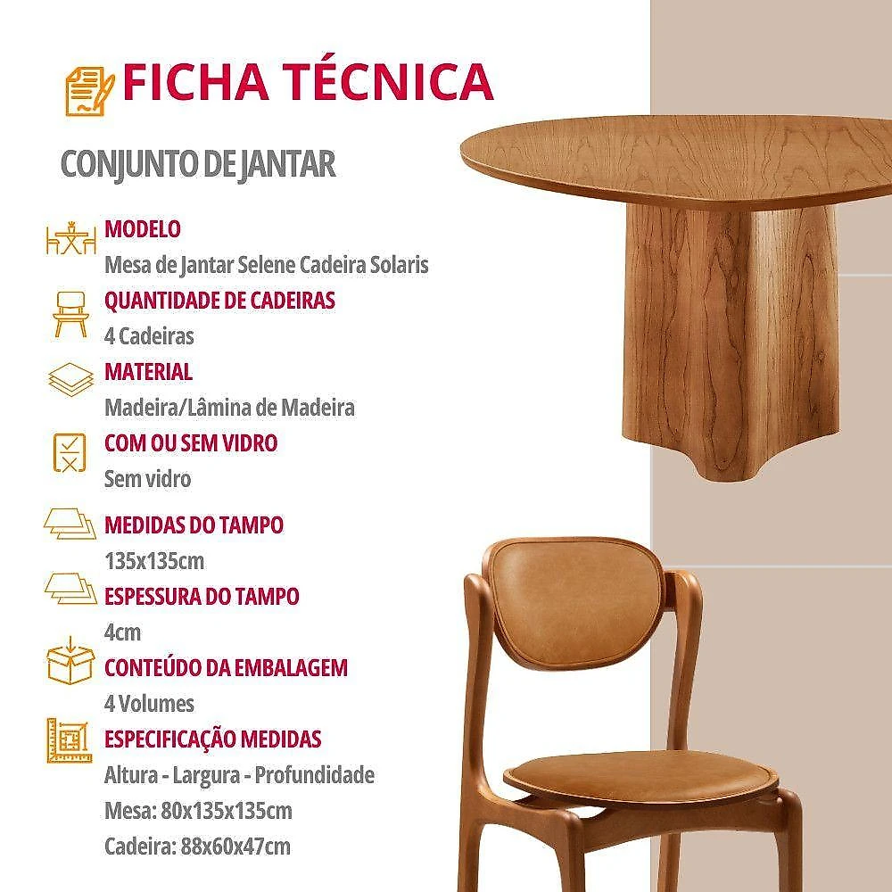 Conjunto de Jantar Selene Solaris Soft 6 Lugares Tampo MDF Organico Caramelo Mobilare webcontinental-7908128437520