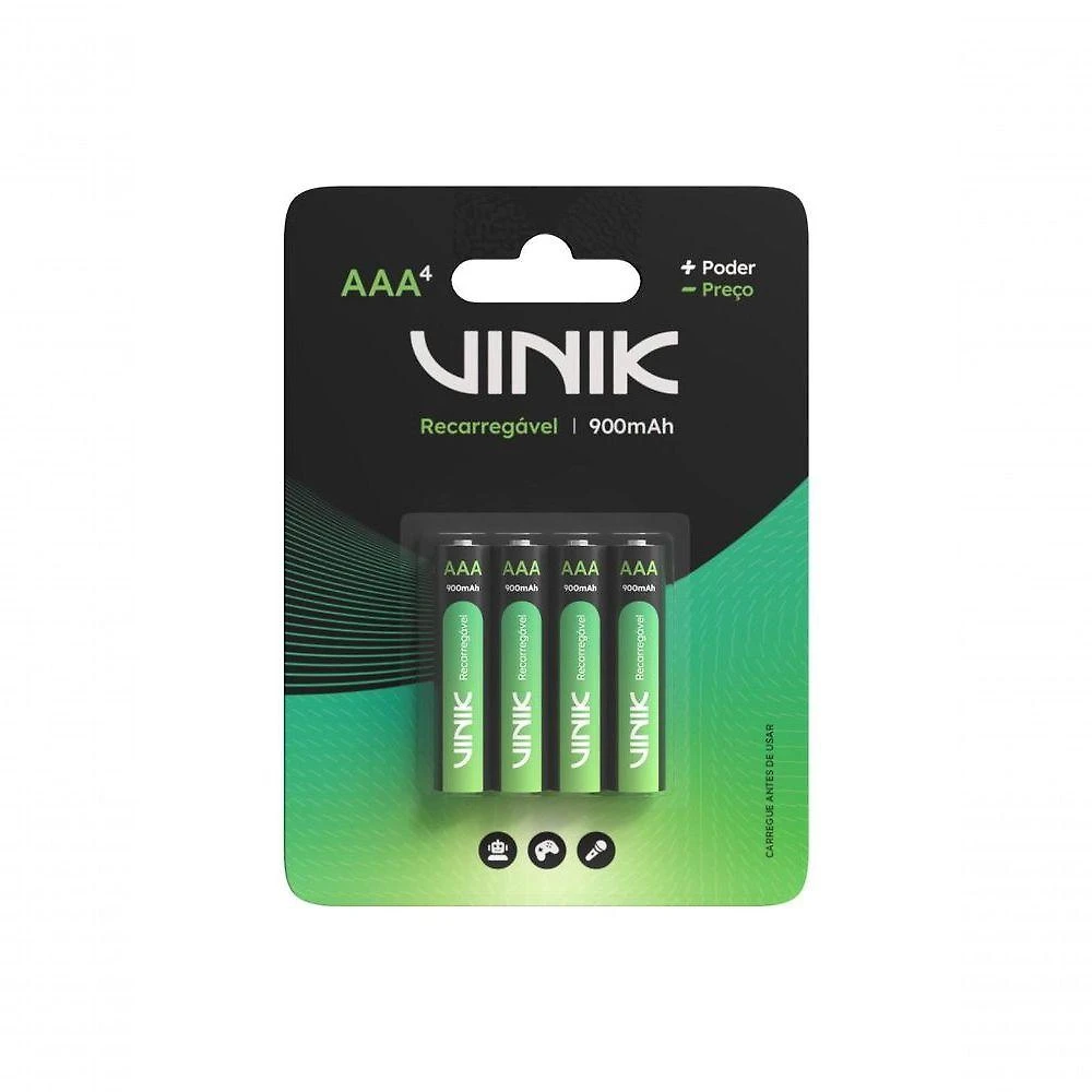 Pilha Recarregável Aaa 900mAh 1,2V Kit 4 Unidades Vp3ab4r Vinik