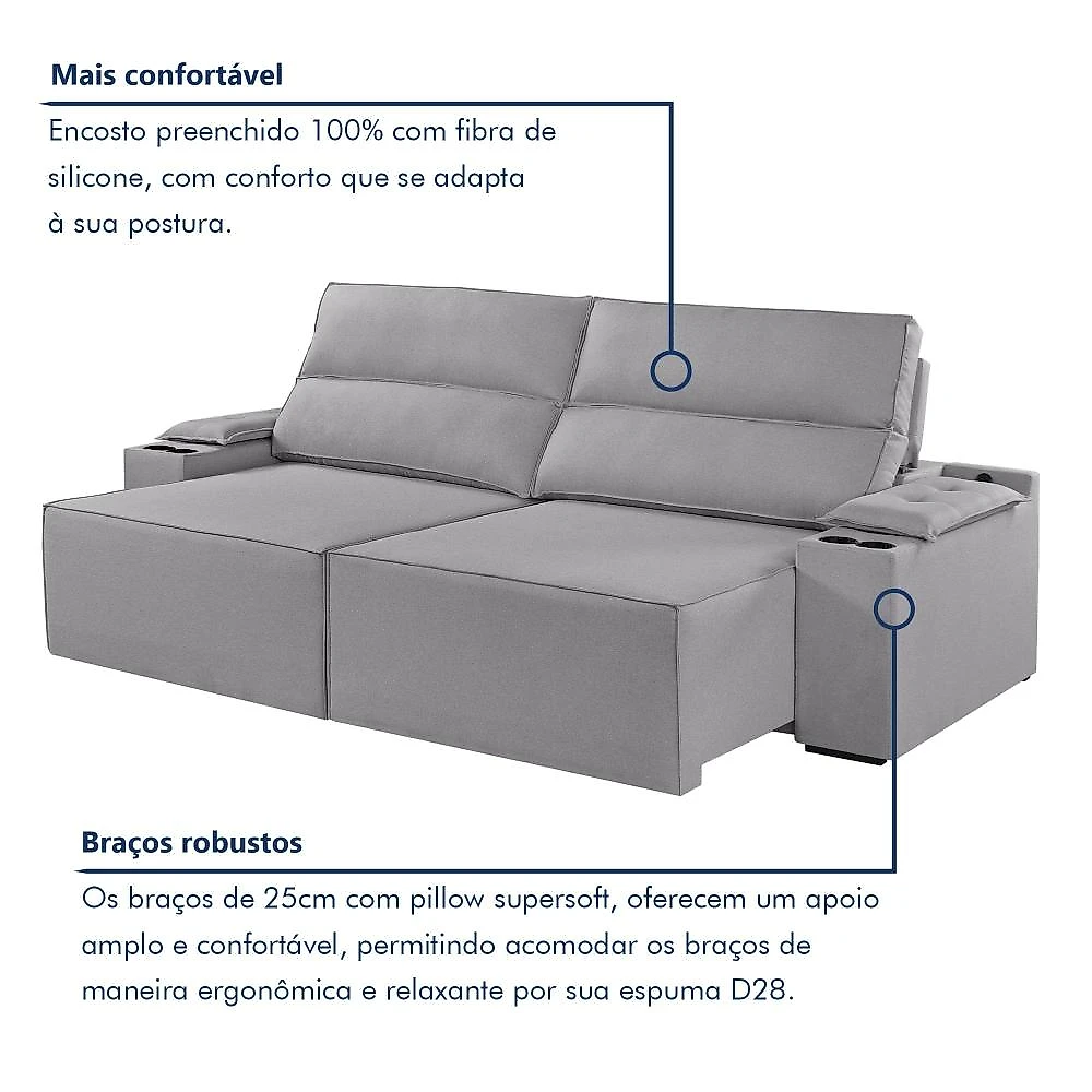 Sofá Retrátil e Reclinável 4 Lugares com Entrada USB e Porta Copos 250cm Irlanda Yescasa Sofá Retrátil e Reclinável 4 Lugares 250cm M180 Yescasa Linho/Cinza Claro