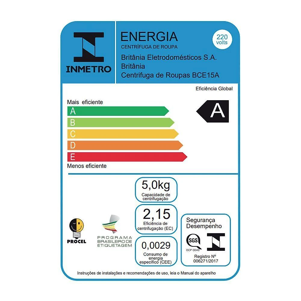 Centrifuga De Roupas 15kg Britânia Timer Programável Bce15a 220v