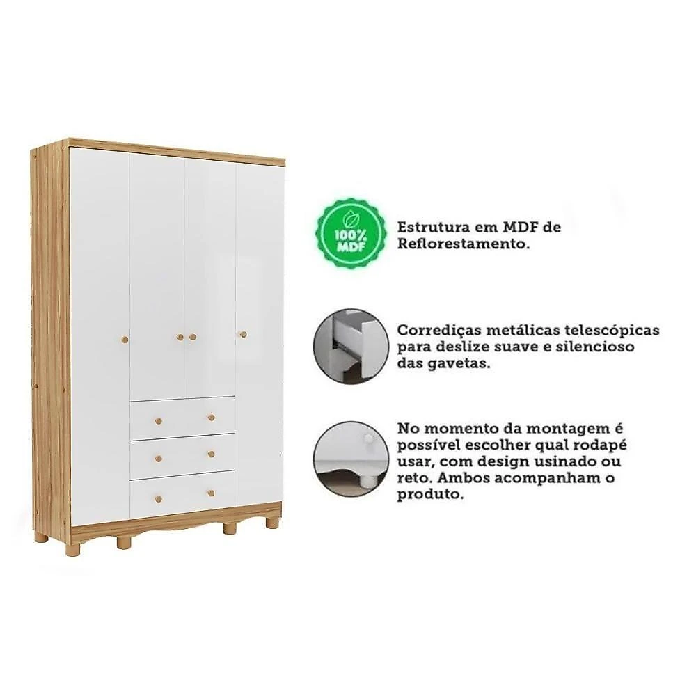 Guarda Roupa Infantil C/ 4 Portas E 3 Gavetas Júnior Branco/amendoa - Peroba