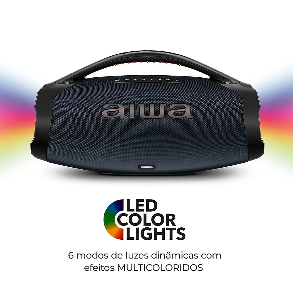 Caixa de Som Boombox Plus AIWA BBS-01-LBL 200W BT 30H IP66 USB RGB BOOMBOX C/ LUZES AWS-BBS-01-LBL BIVOLT
