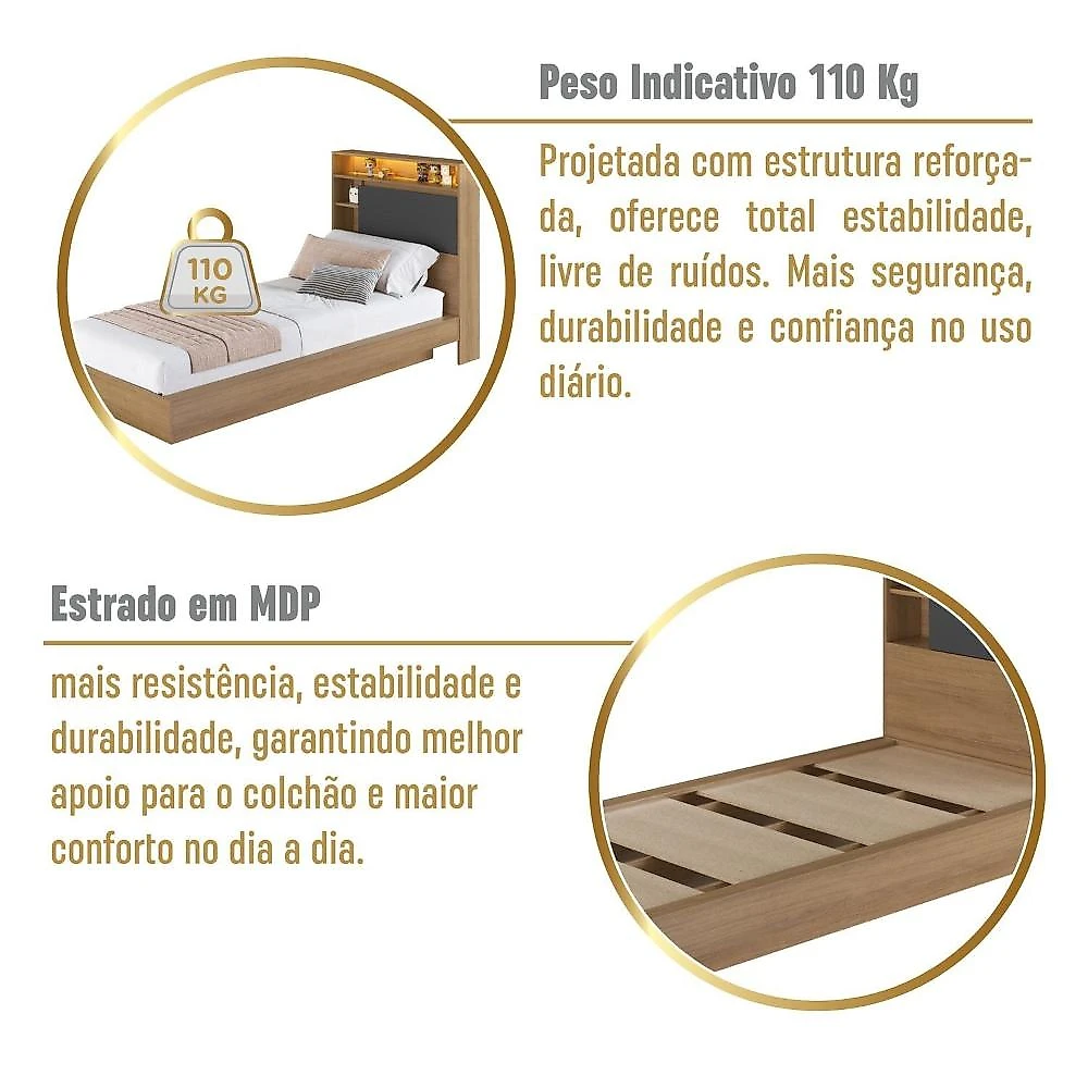 Cama de Solteiro 90 Suspensa com Ilunimação em Led e Organizador na Cabeceira Cancun cor Mel/Grafite Mel/Grafite