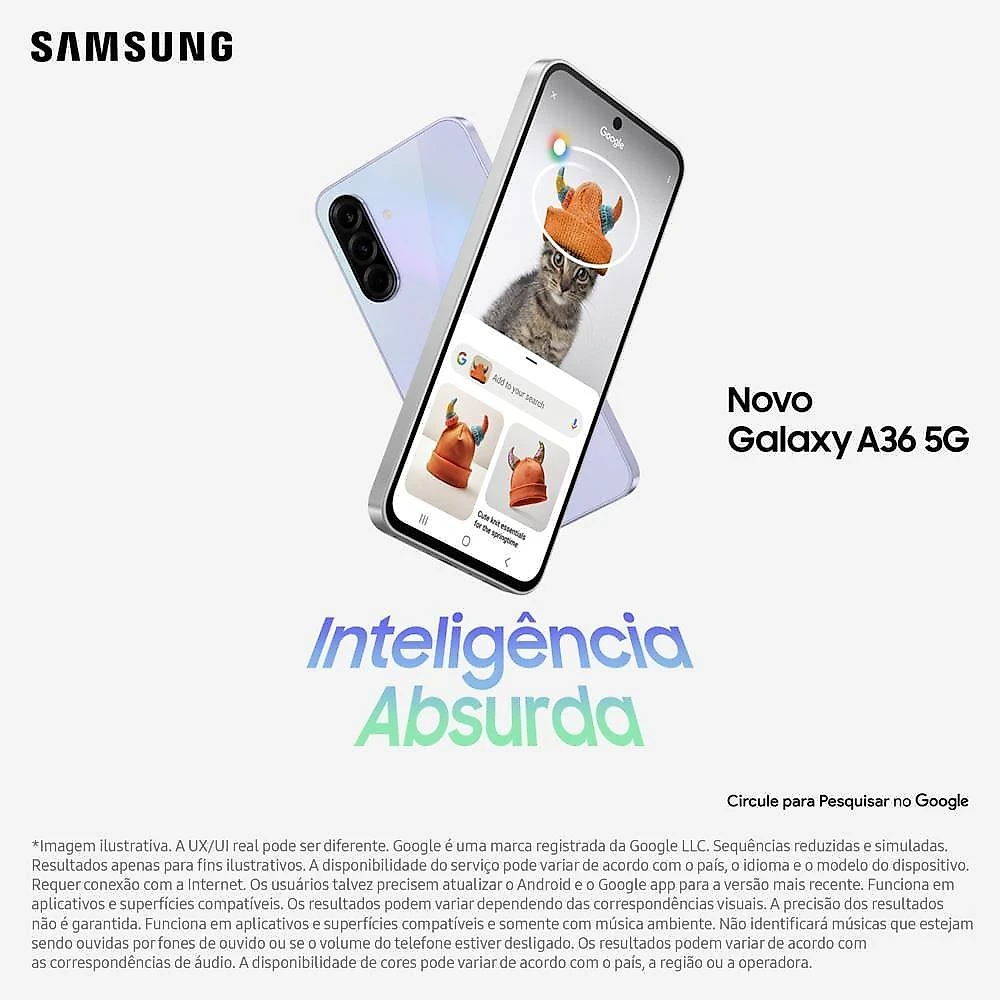 Smartphone samsung galaxy a36 5g violeta 128gb, 6gb ram, câmera tripla até 50mp, tela super amoled 6.7", ip67, nfc, recursos ai e snapdragon 6 gen 3