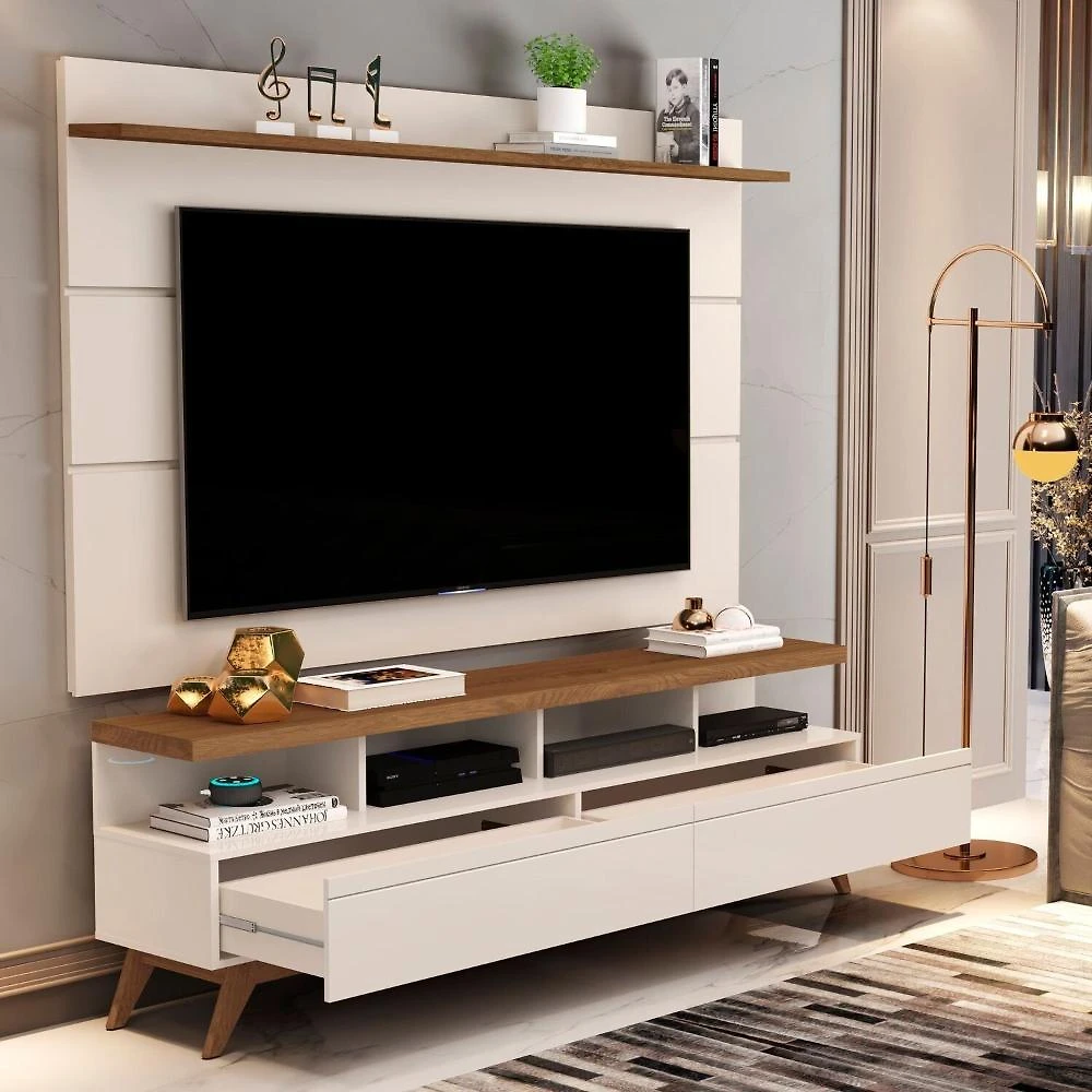 Rack com Painel para Tv 60 Polegadas Pés em Madeira Maciça Off White/Freijó