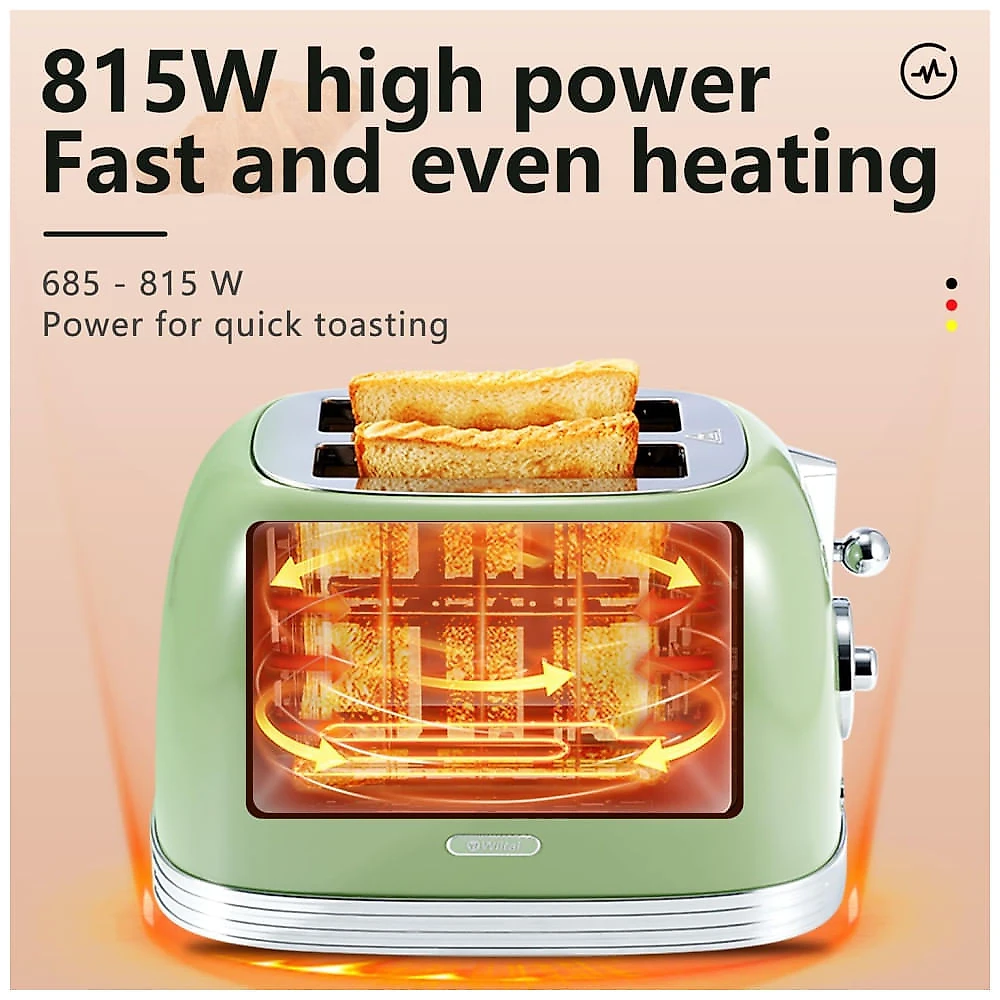 Torradeira 2 Fatias Vintage com Tampa de Aço Inoxidável, Acessório para Pão, 6 Níveis de Tostagem e Funções de Pré-aquecimento, 110V 815W, Wiltal 110v