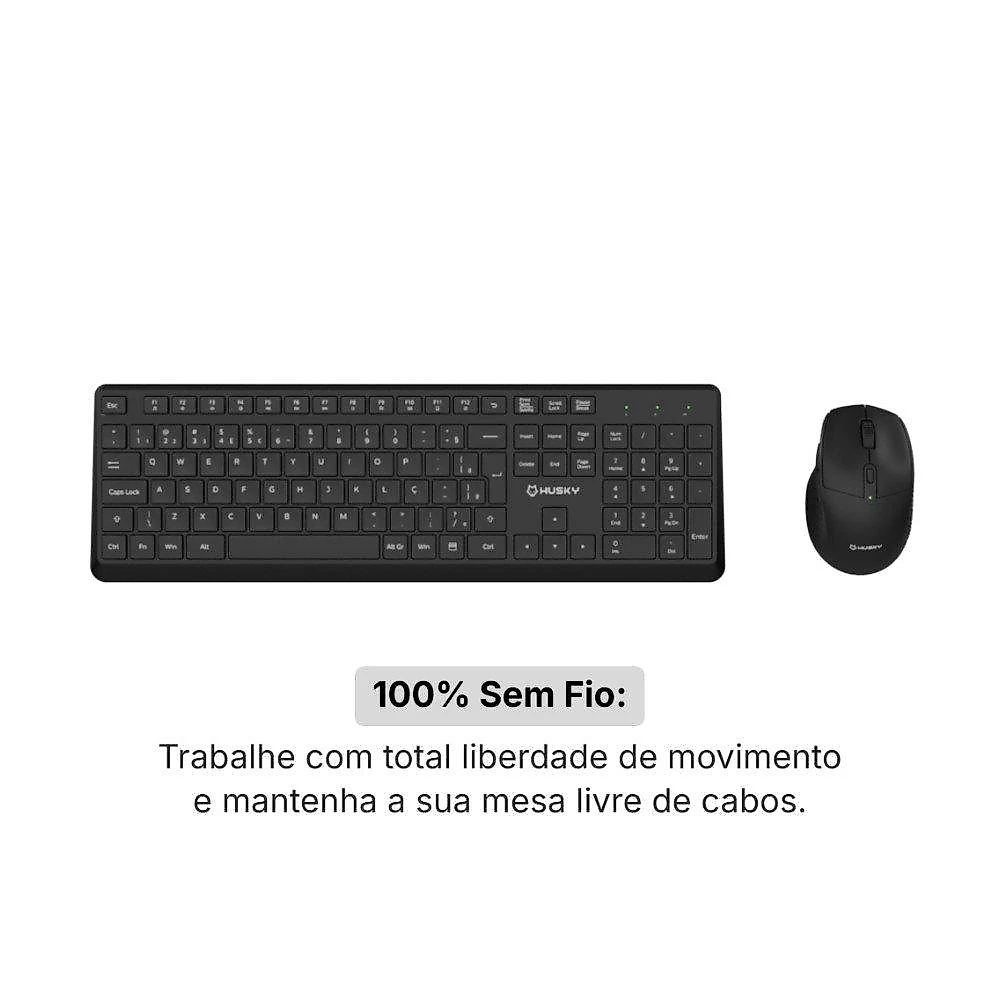 Kit Teclado e Mouse Office Sem Fio Husky Duo Vero 400, Clique Silencioso, Botões Laterais, ABNT2, Full Size, 2.4GHz, Preto - HCO230PT Kit Teclado e Mouse Office Sem Fio HuskyDuo Vero400-HCO230PT