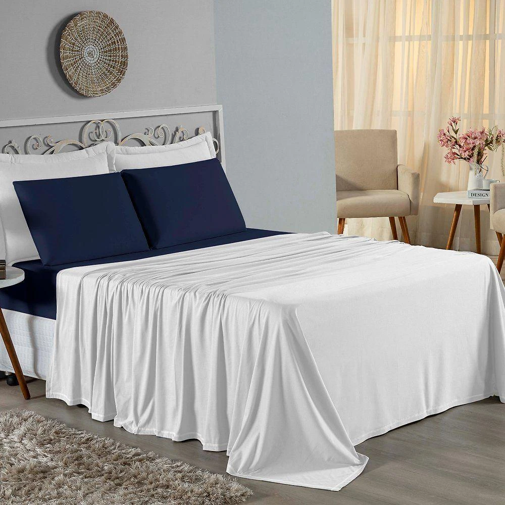 Jogo De Cama Casal Nobre 4 Peças Lençol Com Elástico De 30cm De Altura Malha 100% Algodão - Branco / Azul-marinho