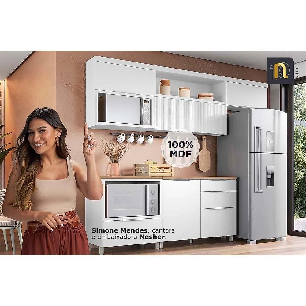 Cozinha Completa Rainha E Marquesa 5 Peças 2 Aéreos 2 Balcões 1 Paneleiro C5p111 Nature Branco