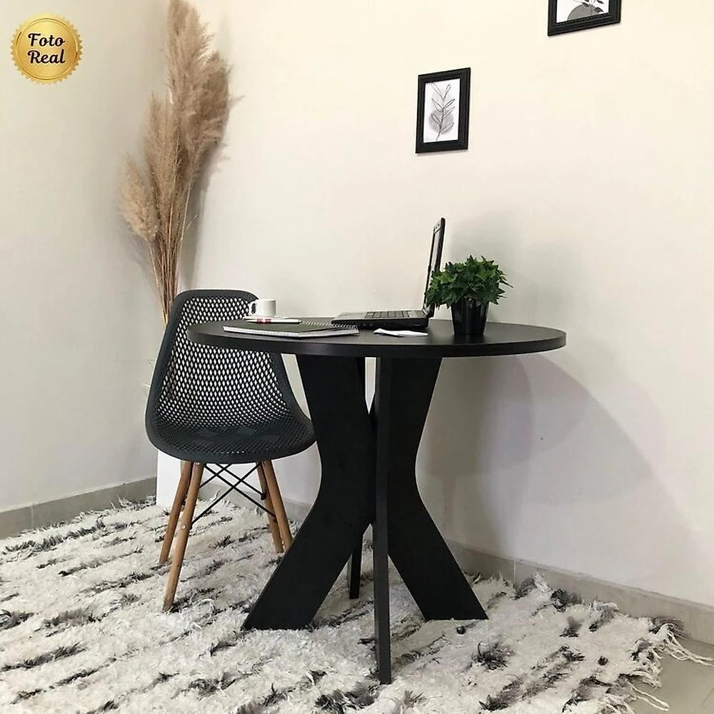 Kit 2 Peças com Mesa Redonda para Home Office ou Reuniões e Balcão Multiuso com Nicho Preto