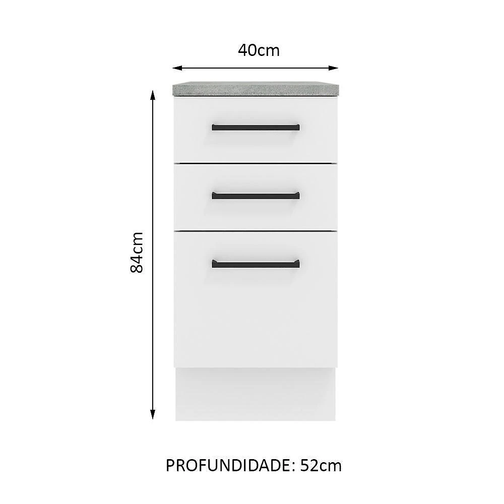 Balcão armário de cozinha 40 cm 3 gavetas branco agata madesa