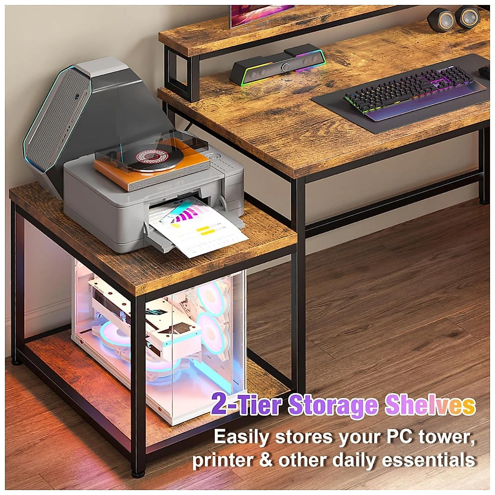 Mesa Gamer em L EnHomee 160 cm com Luzes LED e Tomadas Elétricas, Design Reversível com Prateleiras de Armazenamento e Ganchos, Suporte para Monitor