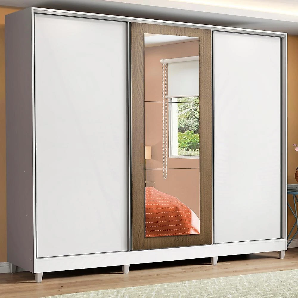 Guarda roupa casal 100% mdf madesa eros 3 portas de correr com espelho com pés - branco/rustic