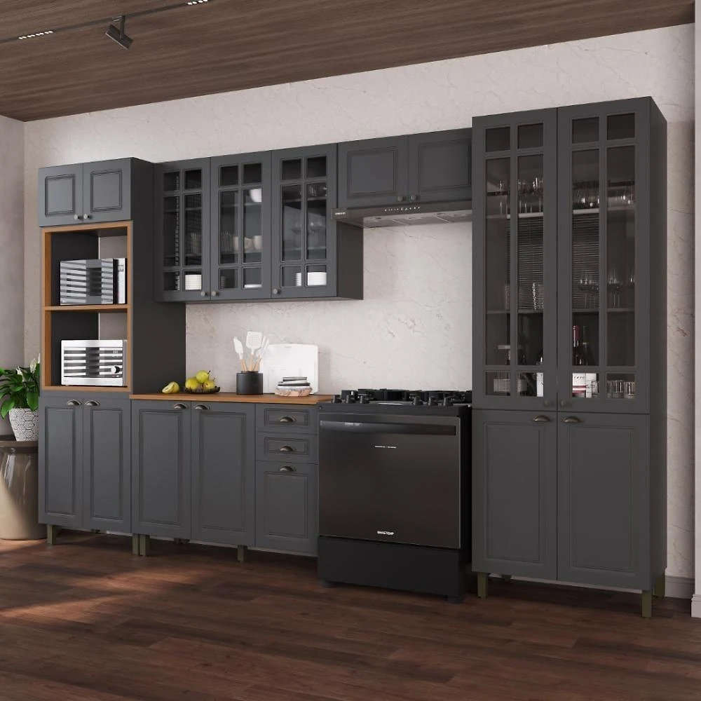 Cozinha Completa Modulada Nara 16 Portas 2 Gavetas MDF 350CM Chumbo Fidelita Móveis